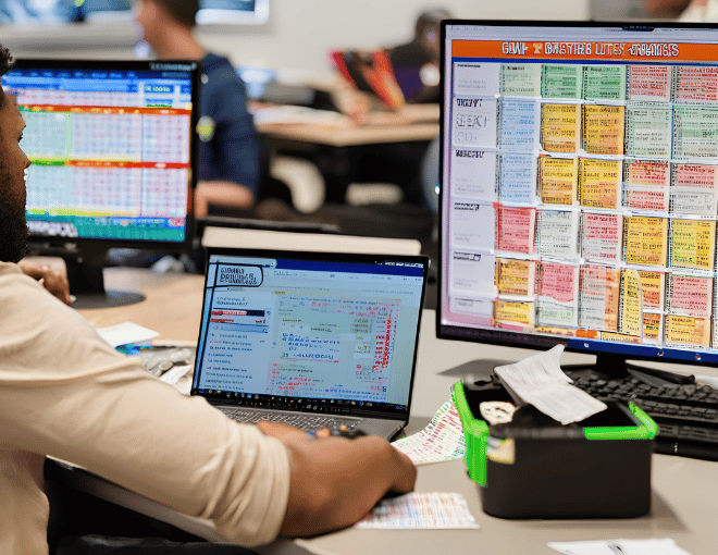 A dynamic scene shows a person intently studying sports betting strategies on a laptop, surrounded by lottery tickets and a whiteboard filled with notes.