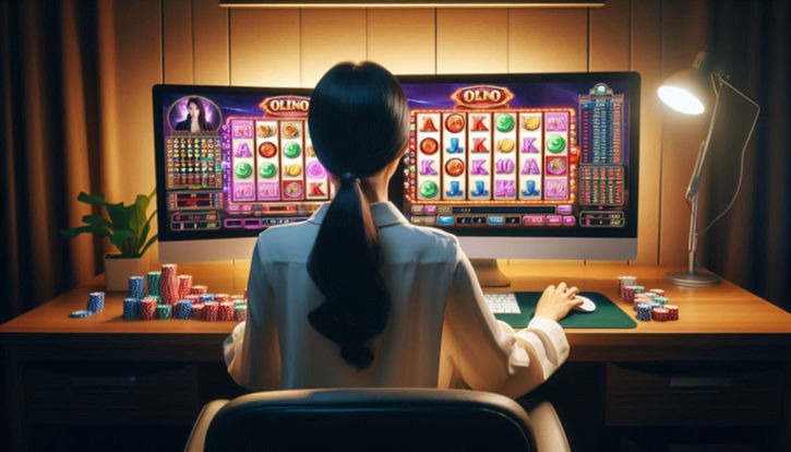A back shot of a person who sits at a computer with online slot games on the screen, carefully managing their bankroll and placing bets.
