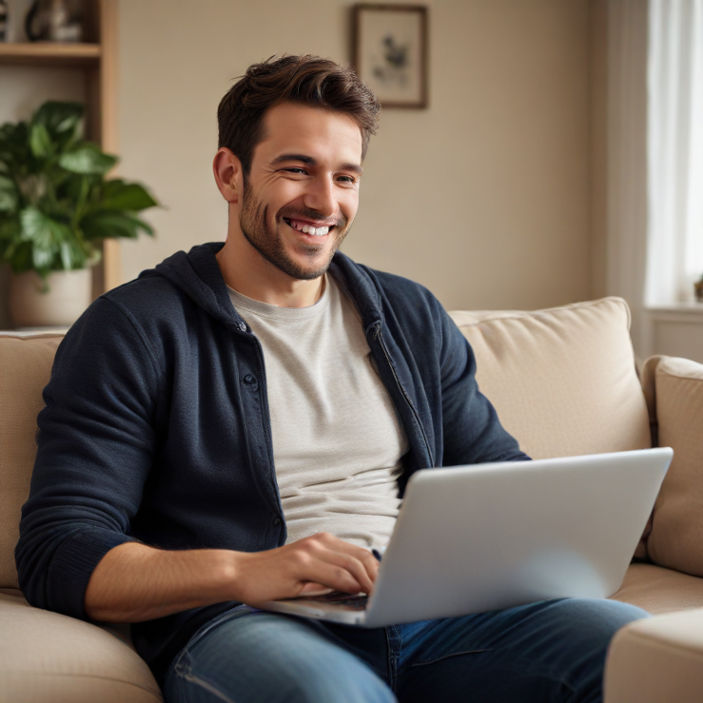 A cozy home scene features a man sitting comfortably on a couch, focused on a laptop in their lap, smiing as if they win on a game.