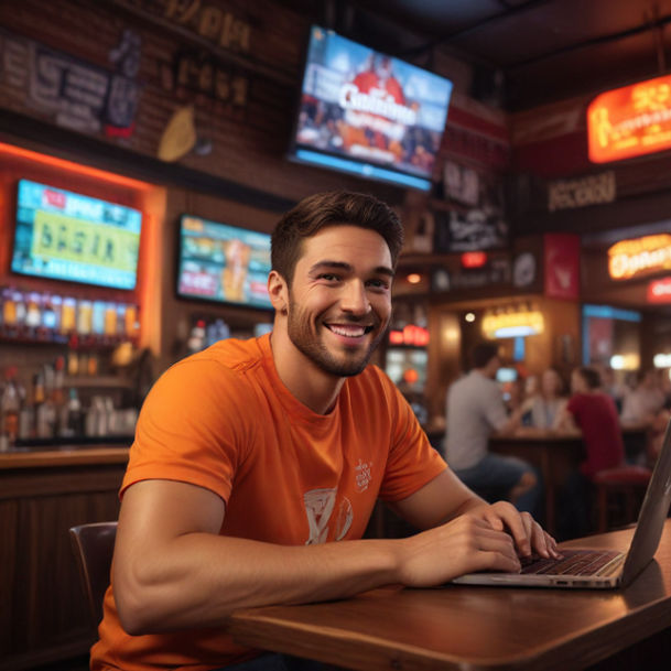A man sits in a lively sports bar, smiling at his laptop after winning a bet.