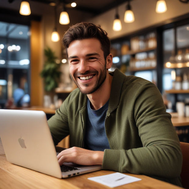 A man sitting in a cozy café with his laptop, smiling confidently as he celebrates a win.