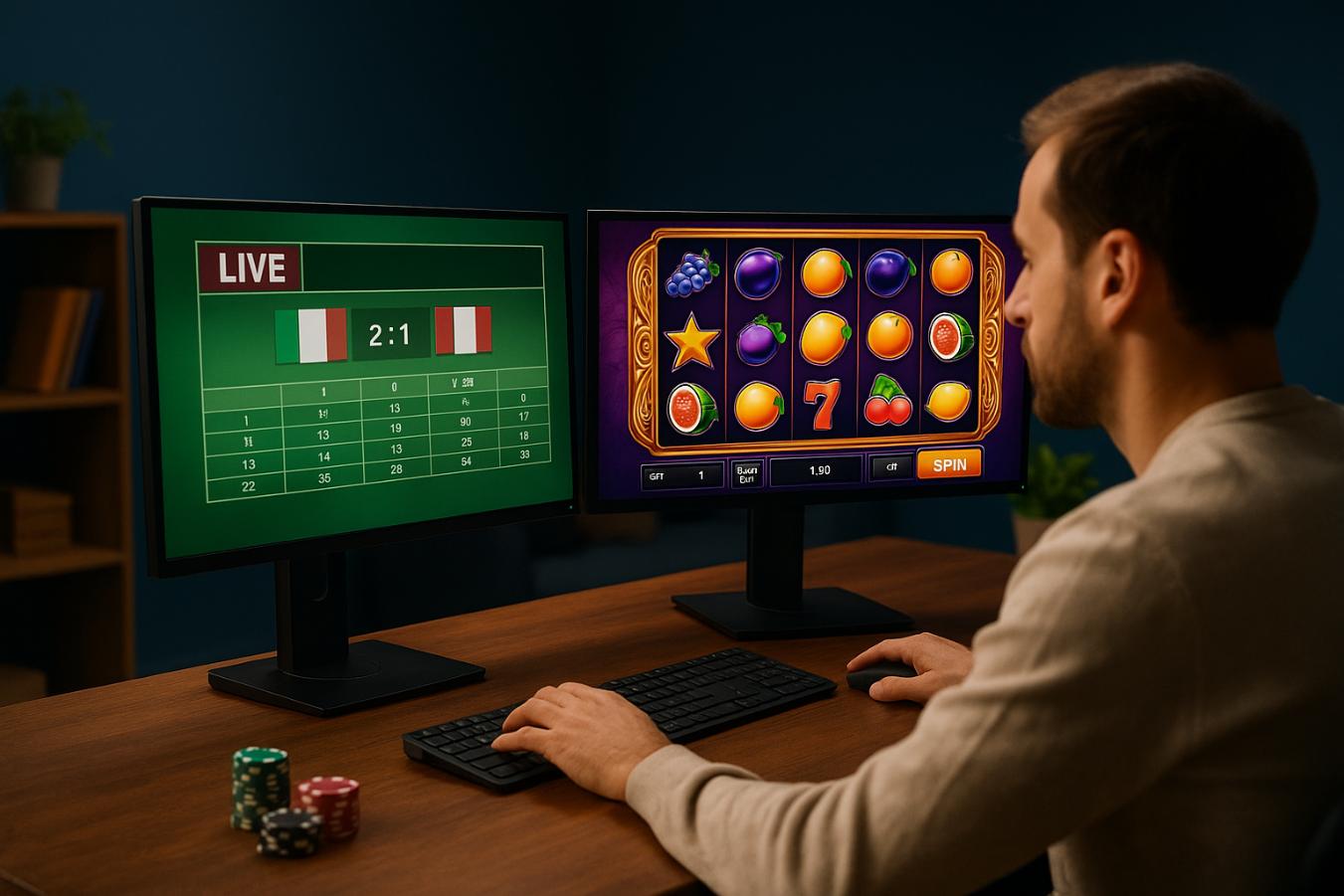 A sports bettor enjoying online slot games alongside live sports stats.