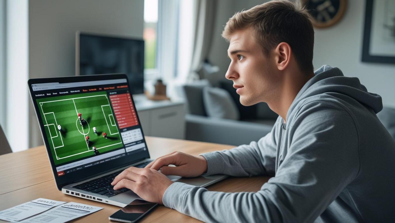 Man watching football on laptop, comparing odds on screen, focused and alert.