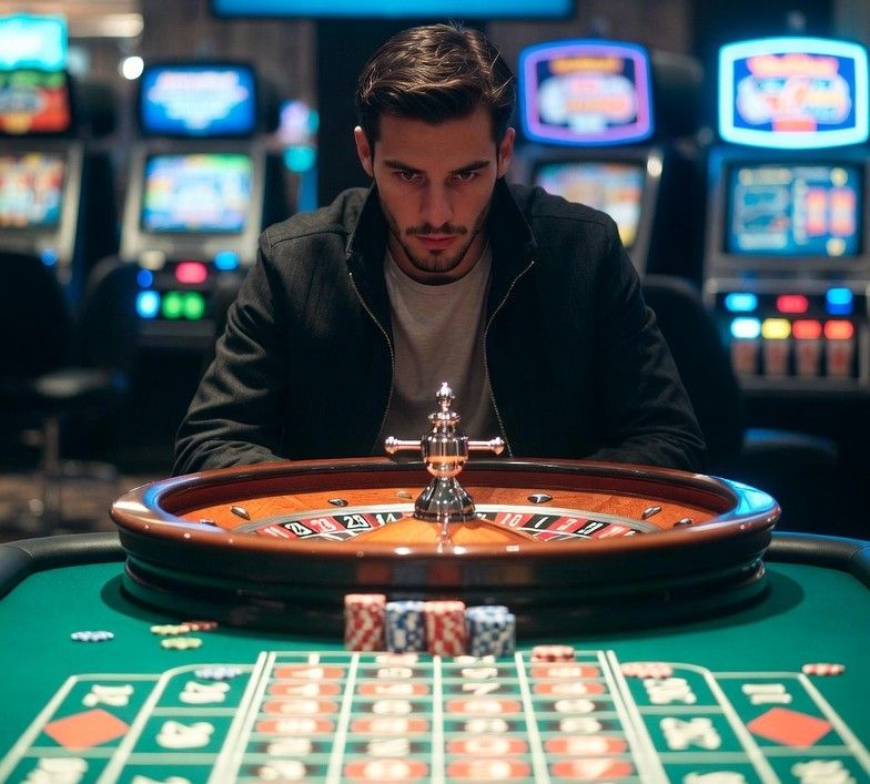 focused bettor watching a roulette table in a modern online casino setting
