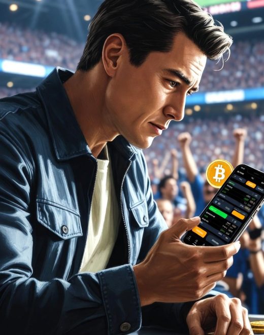 sports bettor using Bitcoin on a mobile device during a live game