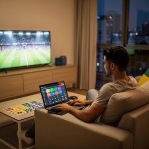 a gambler in front of a TV watching live sports while having a laptop opened on a betting platform