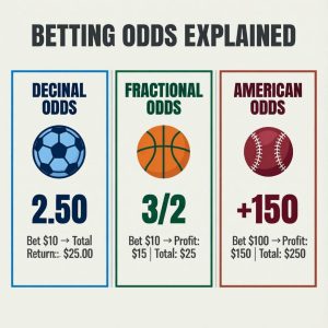 A clean infographic-style image showing decimal, fractional, and American odds side by side, with sports icons and calculation examples