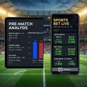 A split-screen showing pre-match analysis with stats and charts on one side, and live betting with real-time odds on a smartphone on the other