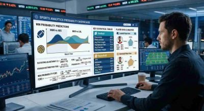 A sports probability dashboard with football and basketball icons, probability curves, statistical tables, player data, mathematical formulas, and a modern analytical workstation.